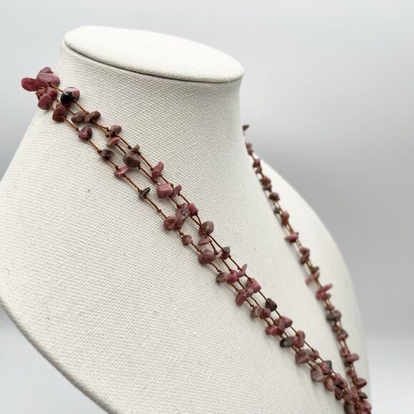 Mauve Stone Chip 3 Strand Polished Black Stone Pendant Tassel Boho Necklace 25” - Picture 8 of 12